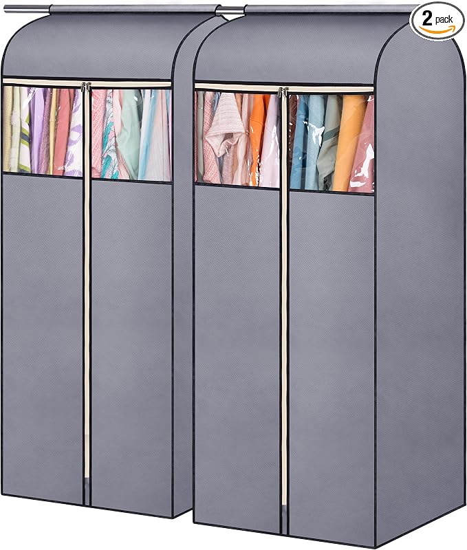 SLEEPING LAMB 60'' Hanging Garment Bags for Closet Storage Sealed Completely Jackets Coats Suits Clothes Rack Cover for Wardrobe with Clear PVC Window, 2 Packs, Grey (Hanging Rod Not Included)