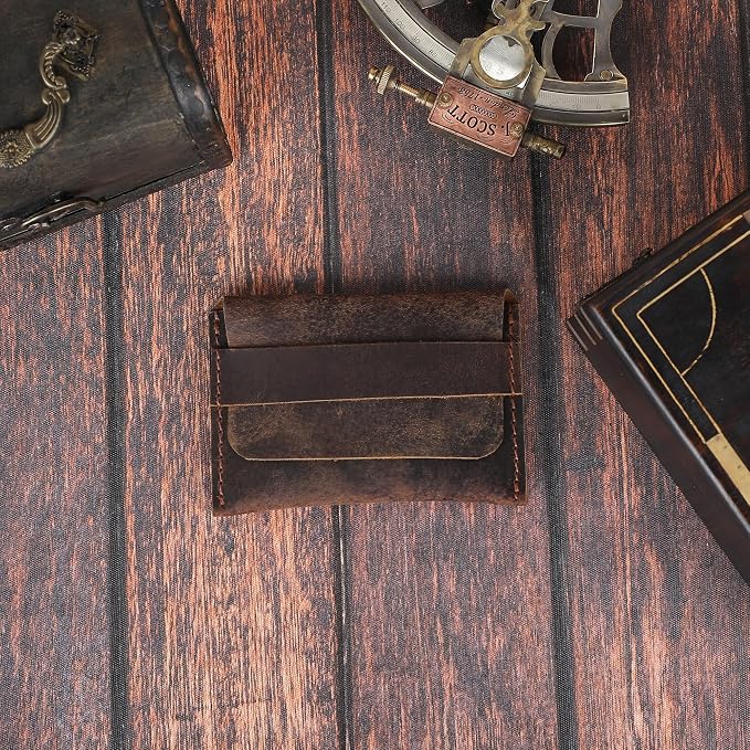 Distressed Leather Business Card Holder Slim Credit Card Wallet for Men and Women Vintage Brown Leather Compact Minimalist Card Organizer for Pocket or Purse Durable Card Case (Brown)