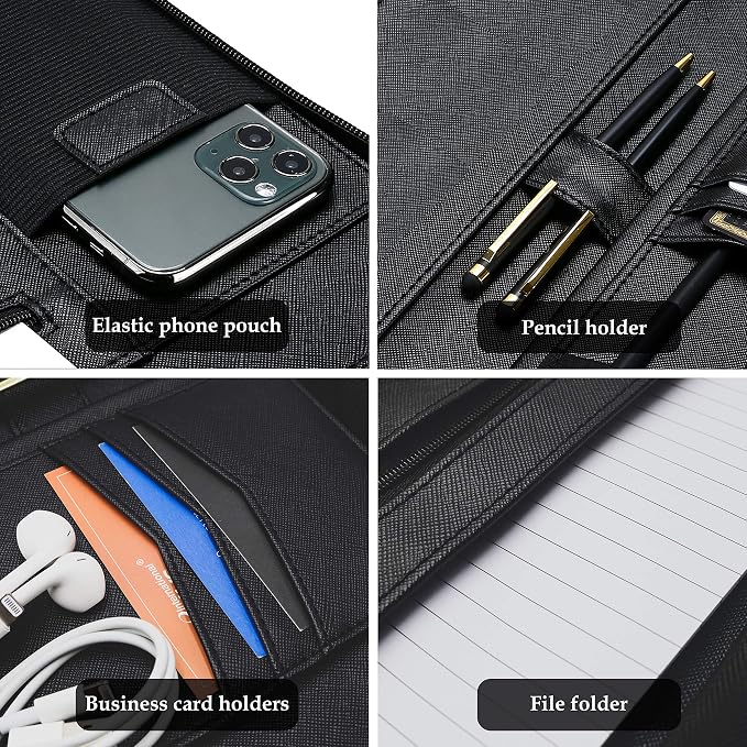 ProCase Portfolio Business Padfolio Folder with Handle and Zipper -Allblack | Conference Meeting Executive File Legal Document Organizer with Pockets Letter Size A7 Writing Pad Notepad Padfolio