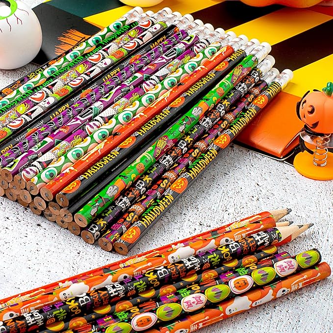 JOYIN 48PCS Halloween Pencils Bulk with Eraser, Colorful Fall Pencil Assortment, 12 Design Halloween Themed Stationery Set for Kid Girl Boy Trick or Treating Party Favor Supplies, Classroom Gift Prize