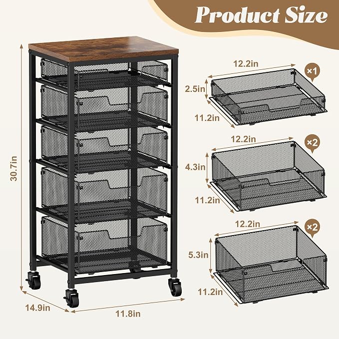 Rolling Cart with Drawers, 5-Drawer Storage Cart on Wheels with Vintage Wooden Top, Heavy Duty Metal Utility Cart, Mobile Craft Art Storage Cart for Kitchen, Bathroom, Office, Bedroom, Art Studio