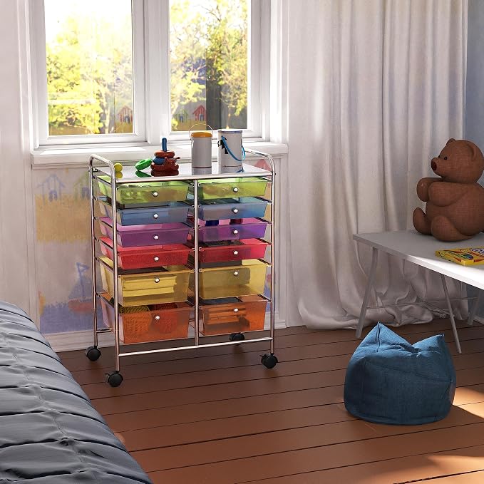 Simple Houseware 12 Drawers Rolling Utility Cart Organizer, Multicolor | 2-Column, 32" Height, Lockable Wheels, for School, Office, Art Craft, and Paper Storage