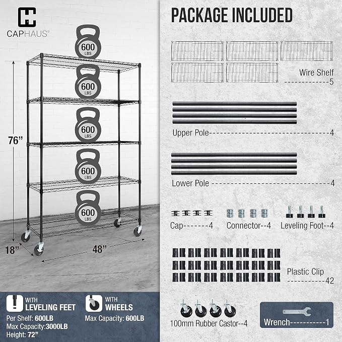 CAPHAUS NSF Commercial Grade Wire Shelving w/Wheels, Leveling Feet & Liners, Storage Metal Shelf, 48 x 18 x 76 5-Tier No Liner (RWW-CH48185HDW-BK@CH-CM)