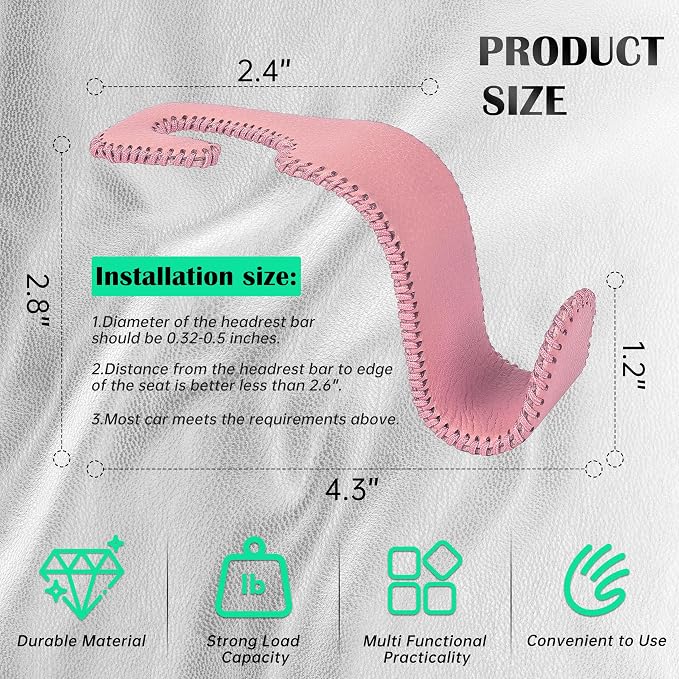 Amooca Car Seat Headrest Hook Universal Vehicle Storage Hanger Leather with Metal Car Seat Back Organizer for Handbag Purse Coat Pink 4 Pack