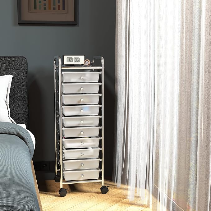 Simple Houseware 10 Drawers Rolling Utility Cart Organizer, Chrome | 1-Column, 36" Height, Lockable Wheels, for School, Office, Art Craft, and Paper Storage
