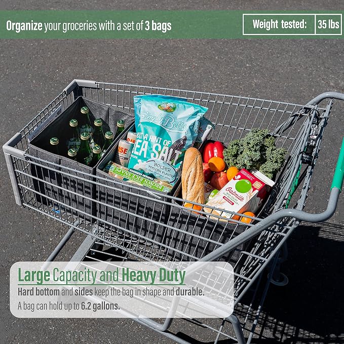 VENO 3 Pack Reusable Grocery Bags, Shopping Bags for groceries, Utility Tote with Handles and Hard Bottom, Foldable Shopping Cart Organizer, Water Resistant, Heavy-Duty (Windowpane, 6 Gallon)
