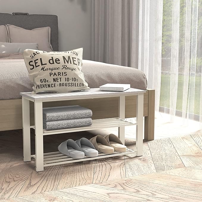 Simple Houseware Wood Top Shoe Storage Bench for Entryway, White